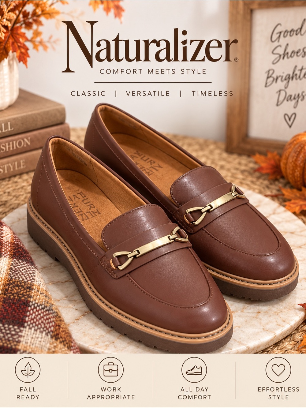 Naturalizer Women's Brown Leather Penny Loafers with Gold Bit size- 5 1/2